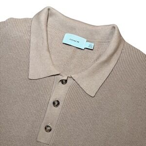 Coach Mens XL Tan Beige Knit Polo Shirt Cotton Cashmere CO835 Logo Hem